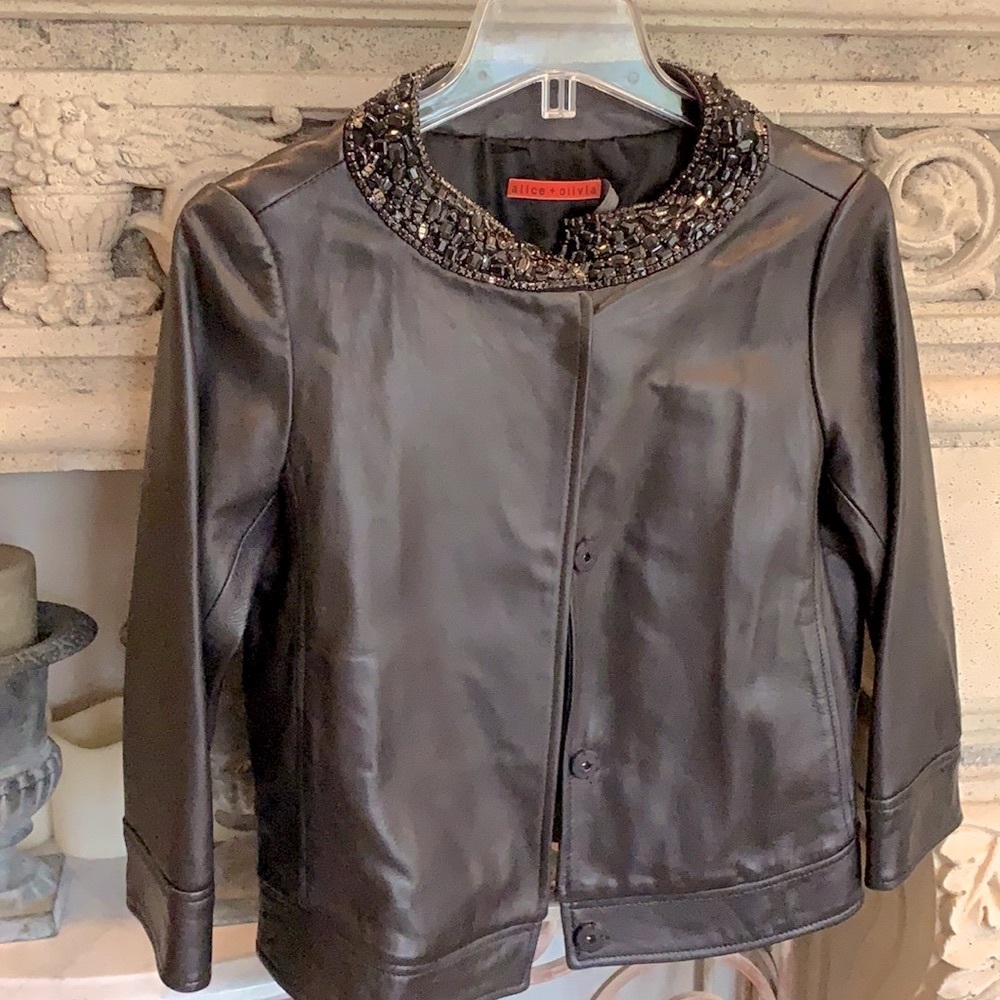 Alice + Olivia Leather So Soft Black Cropped Jacket Coat Rhinestone Jewel Collar
